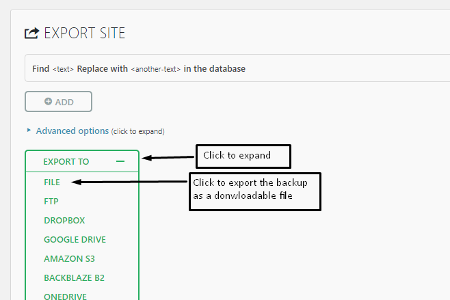 Export site screen. Click "Export To" then click "File"